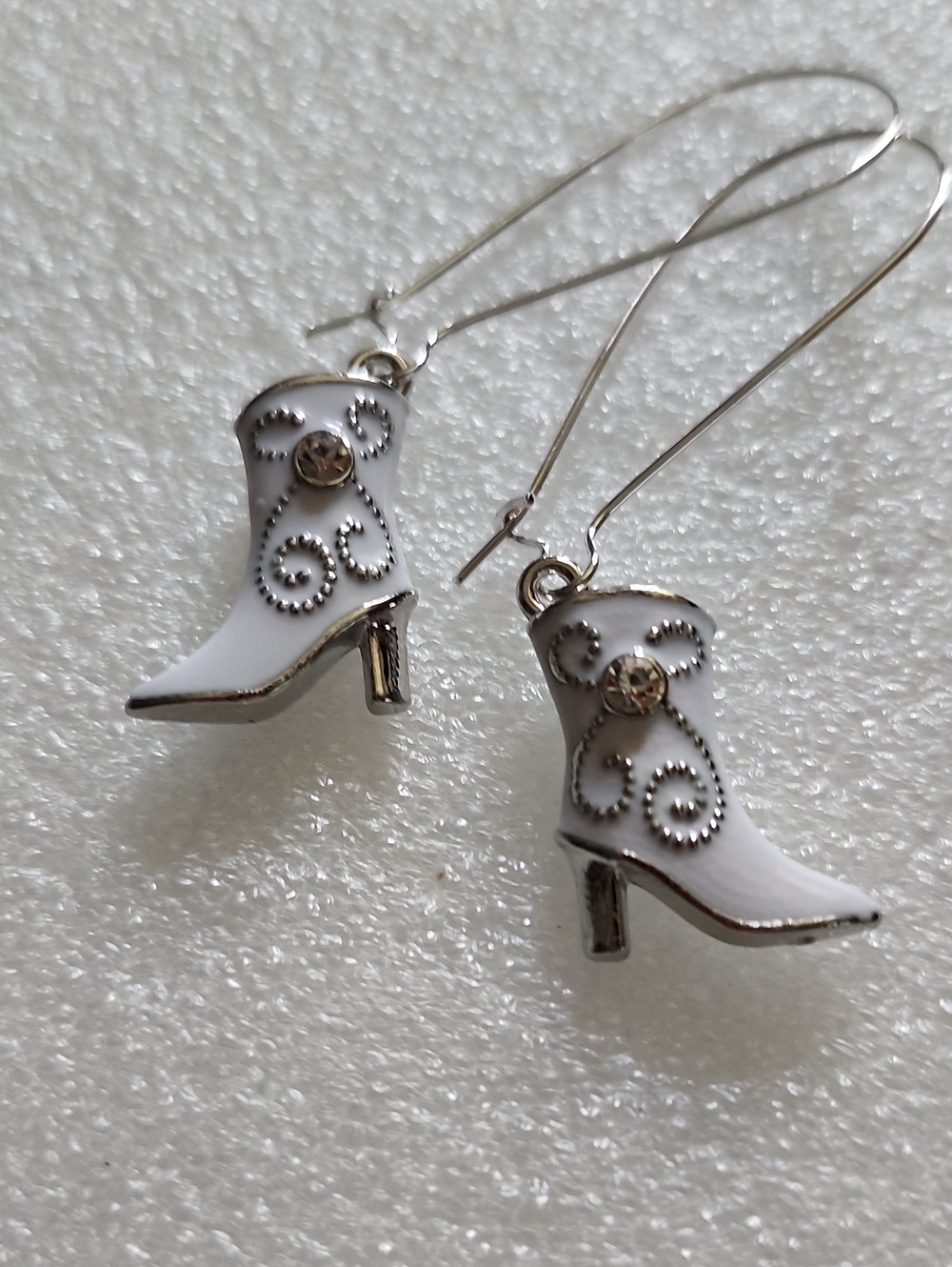 Hand Crafted White Boot Dangle Earrings with Silver Accents